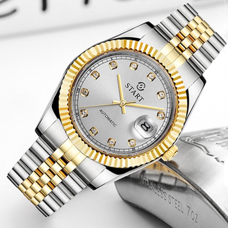 Start Мужские часы с бриллиантовым циферблатом, автоматические механические часы, водонепроницаемые часы с функцией календаря, золотые часы