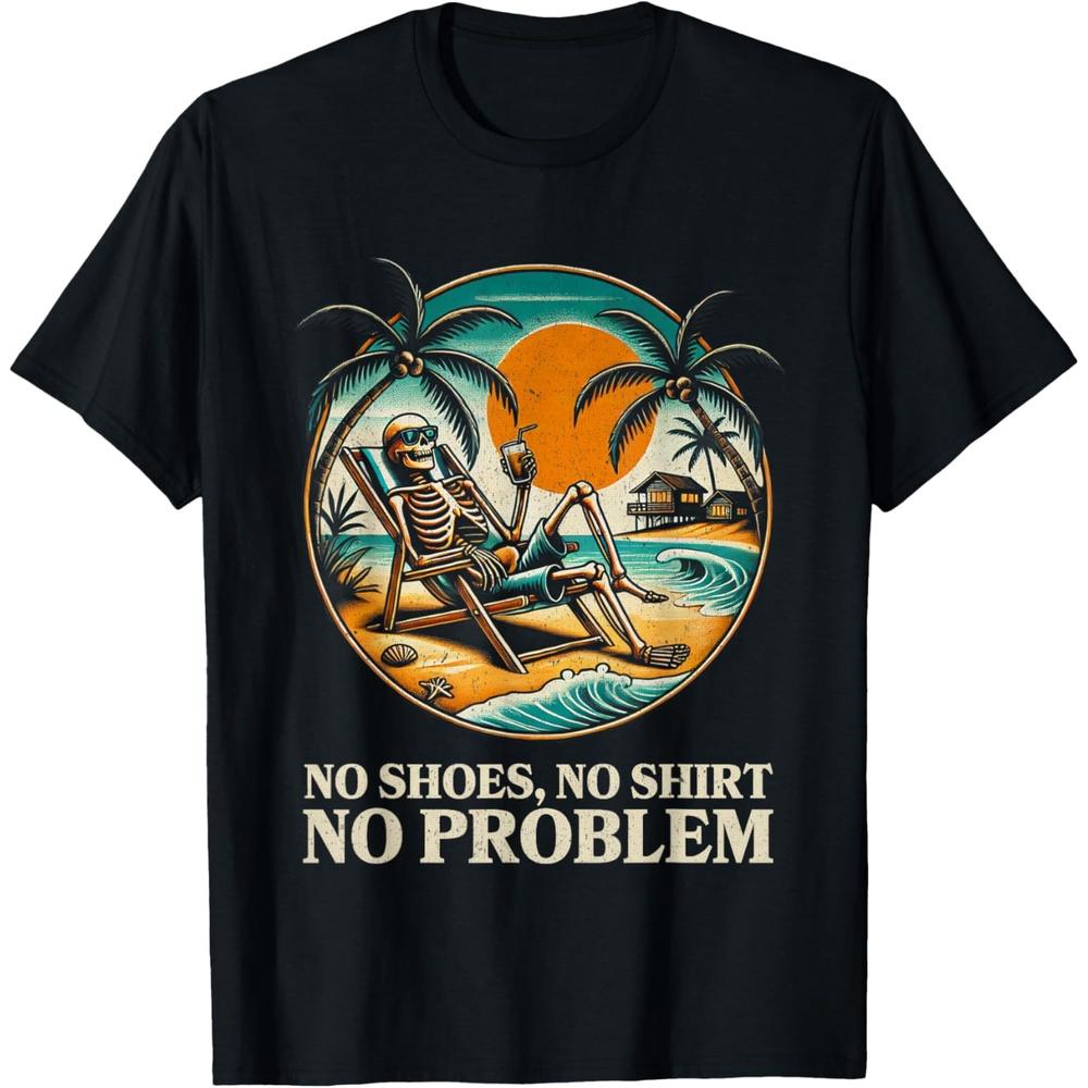 No Shoes No Clothes No Problem Halloween Skeleton Vacation Cotton Men T Shirt