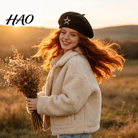 Rhinestone Star Hat Women Knitted Beret for Fall Winter, French Style Artist Winter Cap with Star, Stretchy Solid Color Knitting Decorative