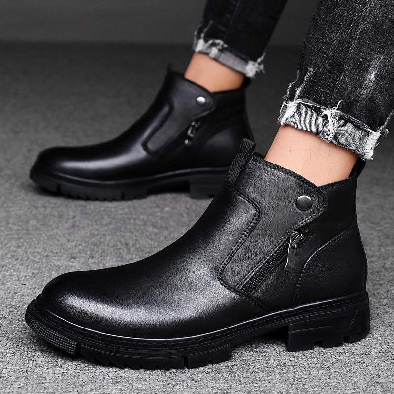 Ботинки челси с боковой молнией, мужские ботинки из натуральной кожи, высококачественные теплые зимние ботинки с плюшевым мехом, обувь для ходьбы от люксового бренда