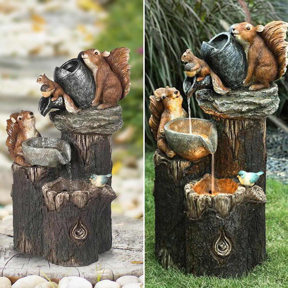 Garden Lighted Sculpture Solar Duck Squirrel Fountain Figurine Resin Duck Fountain Waterfall Statue Home Outdoor Landscape Decor