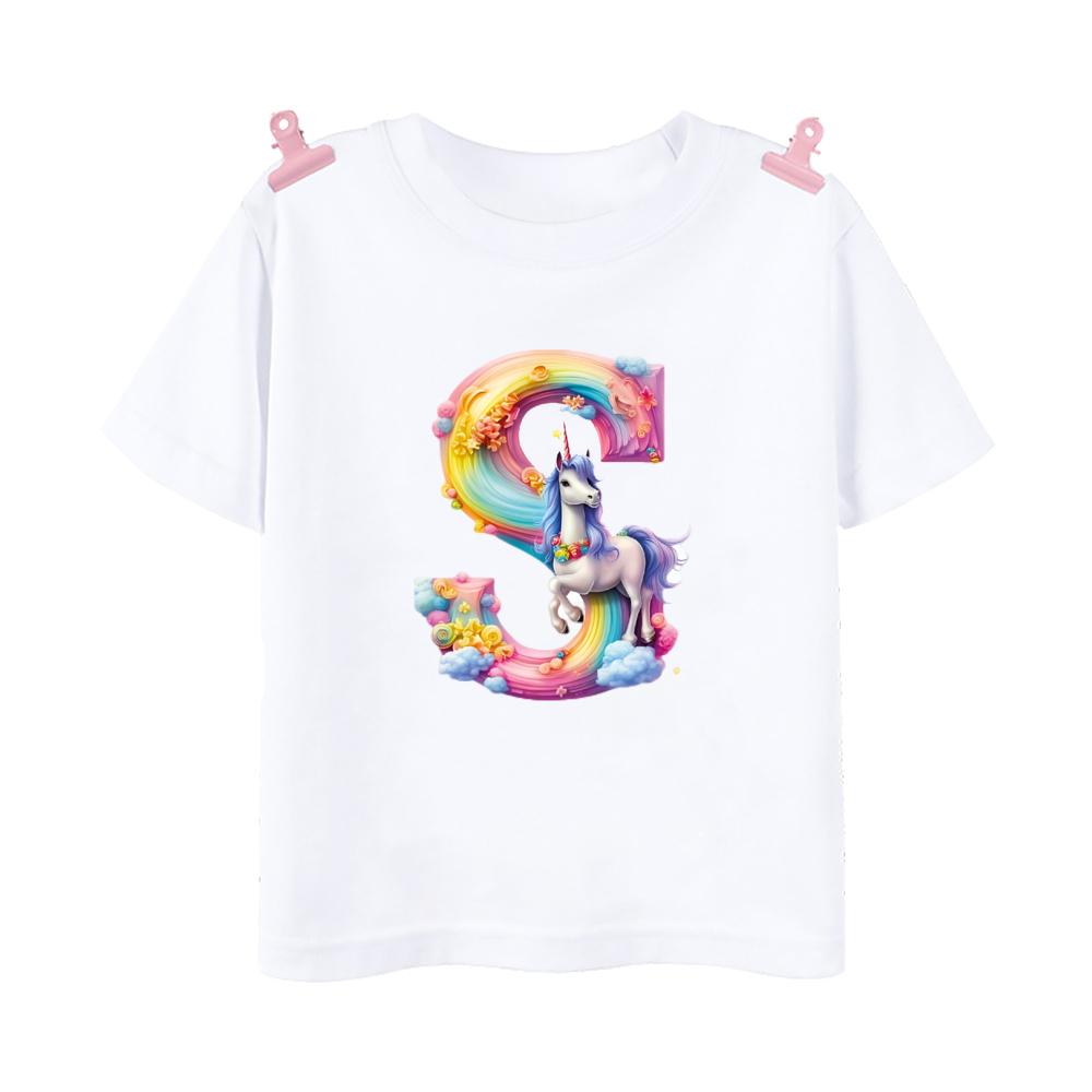 Футболка с принтом Unicorn Rainbow Initial AZ для детей, летняя футболка для мальчиков и девочек, топы с коротким рукавом, милая одежда для малышей, футболка
