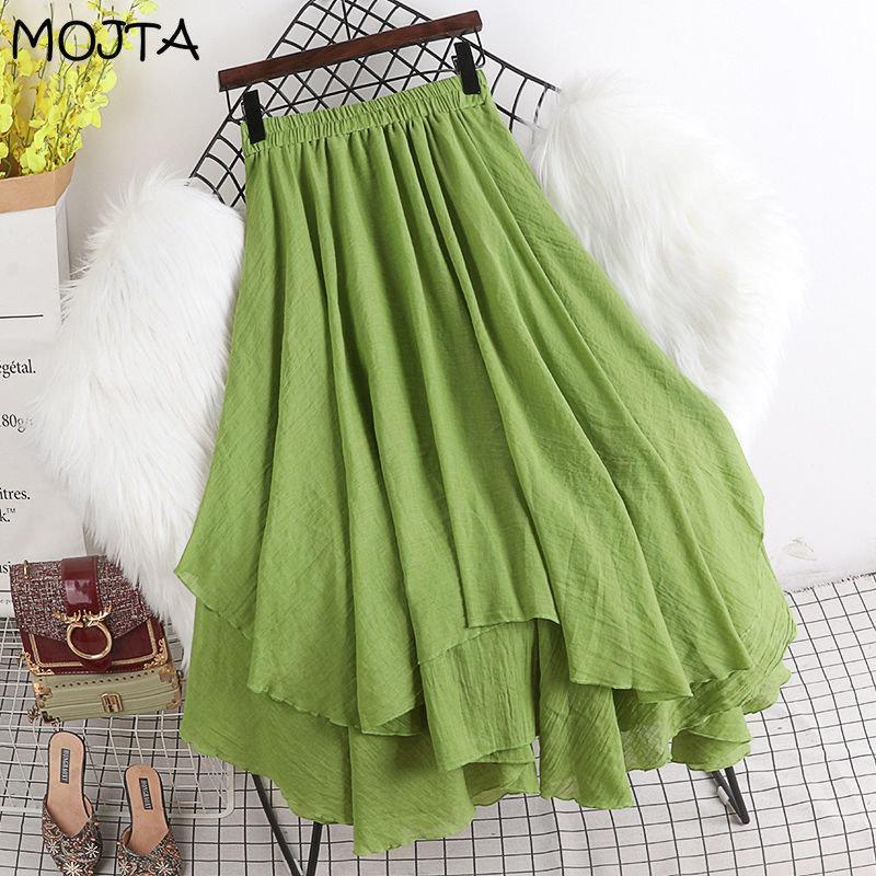 MOJTA Mid-length Skirt Spring Summer Women's Elastic Waist High Waist Skirt A-line Skirt