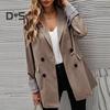 Women Suit Coat Lapel Long Sleeve Striped Cuffs Suit Jacket with Flap Pockets Solid Color Loose Fit Double Breasted Business Outwear