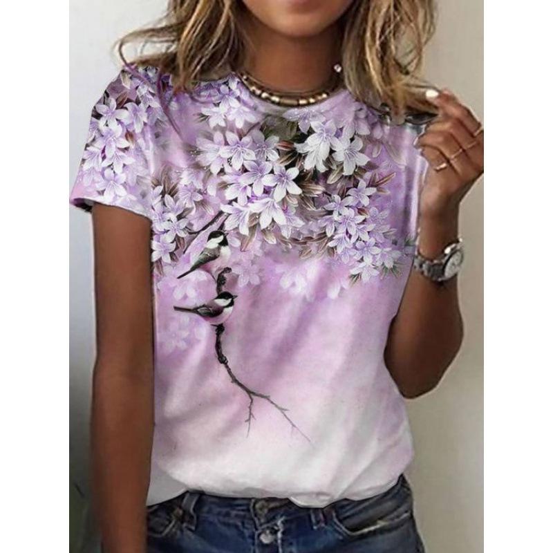 Summer Round Neck 3D Flower Print Top Fashionable Casual Short Sleeved Women's T-shirts