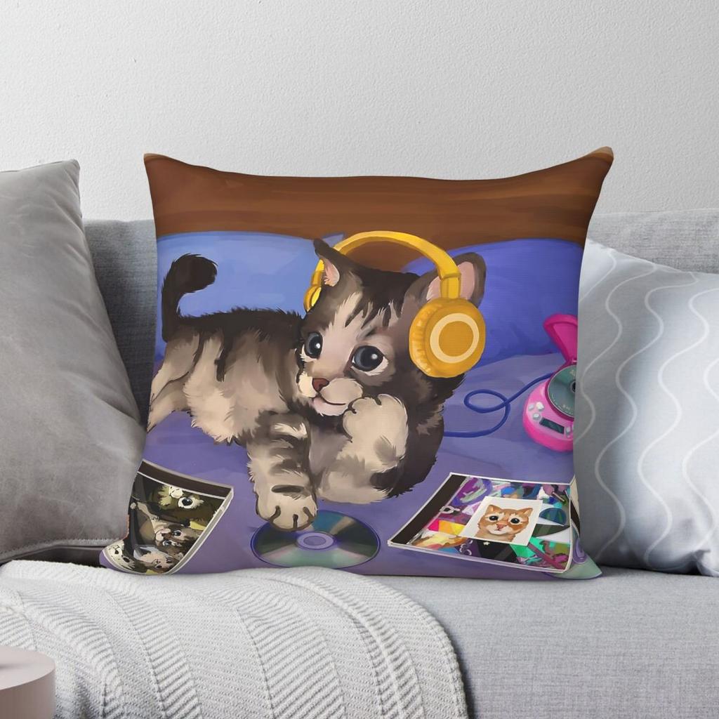 Nostalgic Music Cat Square Pillowcase Polyester Linen Velvet Printed Zip Decor Pillow Case Car Cushion Cover Wholesale