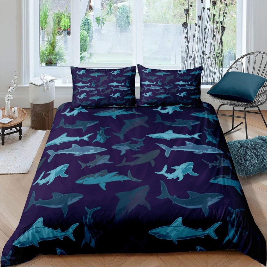 Teens Shark Duvet Cover Ocean Life Pattern Bedding Set for Kids Boys Girls Adult Dolphin Whale Comforter Cover Twin Queen Size