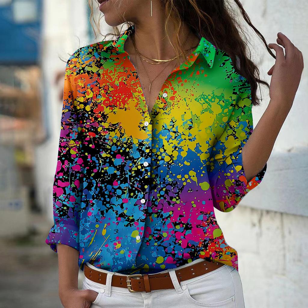 Цветной принт Tie Dyel Женская блузка весна-осень сорочка Femme офисная женская рубашка на пуговицах с отложным воротником