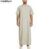 S-5XL Men's Short Sleeve Muslim Zipped Islamic Dress Robes Casual Solid Color Jubba Dubai Kaftan Thin Long Robe