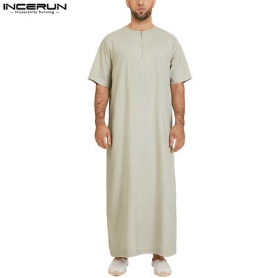 S-5XL Мужское мусульманское исламское платье с коротким рукавом на молнии, повседневные однотонные халаты Jubba Dubai, кафтан, тонкий длинный халат