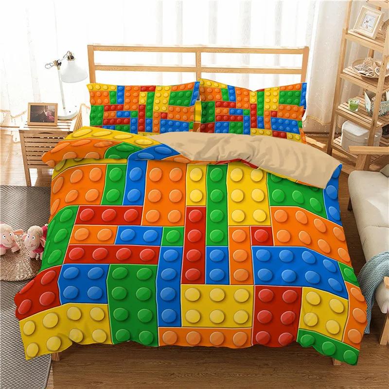 Building Block Duvet Cover Single Queen Bedding Set Colorful Toy Cubes Blocks Printed Soft Microfiber Quilt Cover for Teen Girls