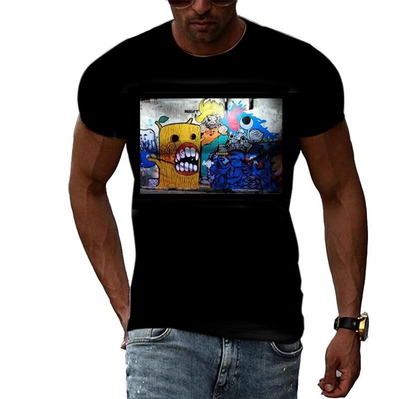 Summer Funny Graffiti Trend Fashion Pattern Men Tshirts Casual Print Hip Hop Tees Personality Round Neck Short Sleeve Tops