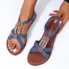 Shoes for Women  Hot Sale Elastic Band Women's Sandals Solid Denim Metal Decoration Beads Open Toe Low-heeled Casual Sandals