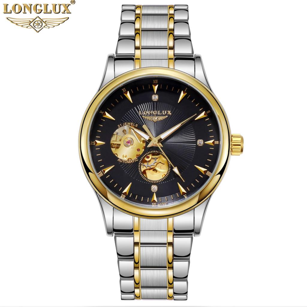 LONGLUX Skeleton Мужские водонепроницаемые часы Деловые автоматические механические часы Мужские часы