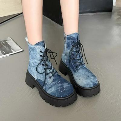 Модные женские ботильоны из денима на платформе с кристаллами и толстым каблуком, короткие женские ботинки с толстой подошвой, нескользящие, мотоциклетные ботинки для женщин