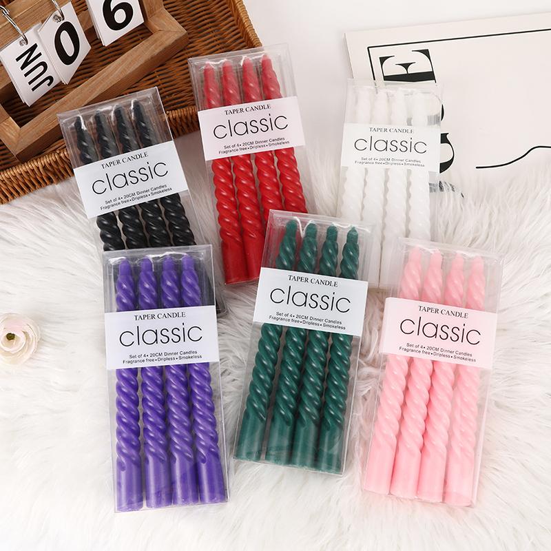 4 Pcs Threaded Color Spiral Taper Long Candles Fireplace Smokeless Tall Thin Pole Party Golden Beeswax