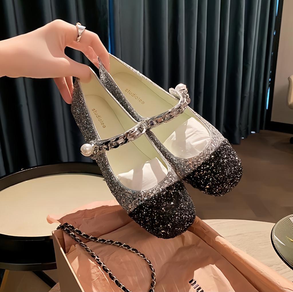 Sheepskin Version~ Grape Mother Same Leather Flat Bottom Light Mouth Color Matching Pearl Chain Commuting Mary Jane Shoes Women's Single Shoes