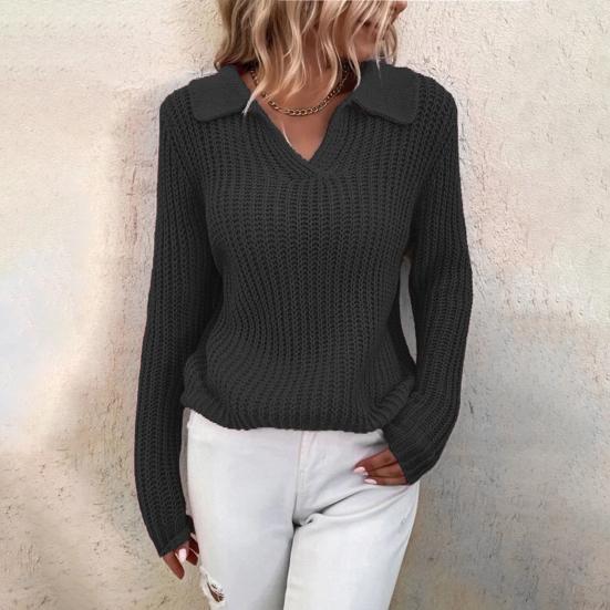 V Neck Turn-Down Collar Long Sleeve Knitted Sweater Autumn Winter Solid Color Slim Sweater Jumper Female Clothing
