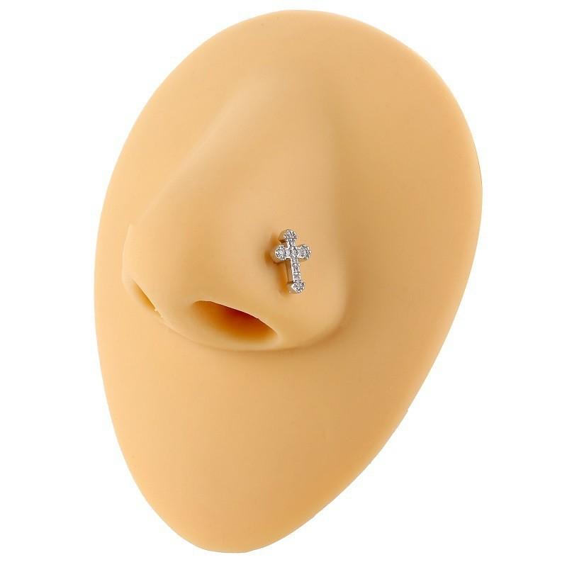Cross-shaped perforated L-shaped nose stud, nose ring, zirconium nose stud piercing jewelry