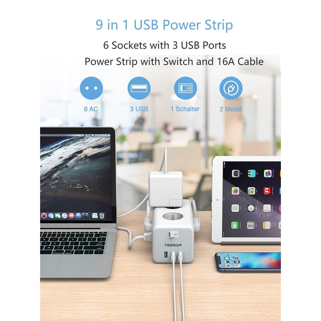 Tessan Power Strip European Multi Plug Cube Socket with Switch 6 Outlets 3 USB Charging Ports 2M Extension Cable for Home