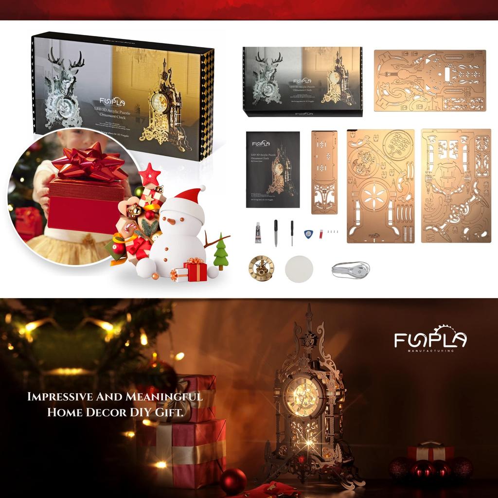 FUNPOLA 3D Puzzle Acrylic 3D Puzzle LED Metal Puzzle Clock Tower Building Model Clock Table Clock Handmade for Kids and Adults Home Decoration with