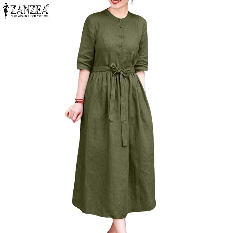 ZANZEA Women Casual Round Neck Loose Half Sleeve Dress