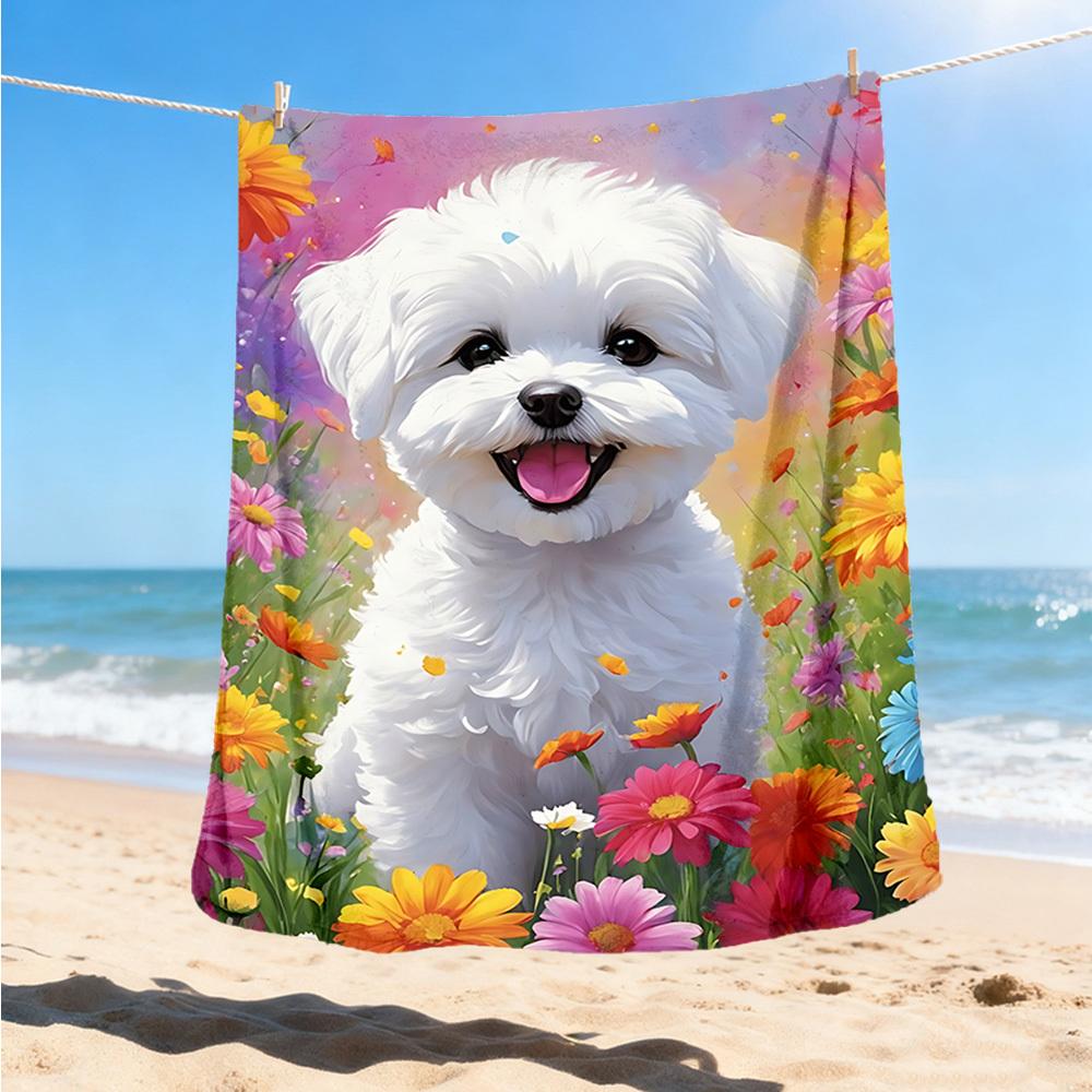 1pc Fluffy White Dog Outdoor Flannel Blanket , Machine Washable Perfect Gift for Birthday , Holiday Travel Accessory , Durable Material