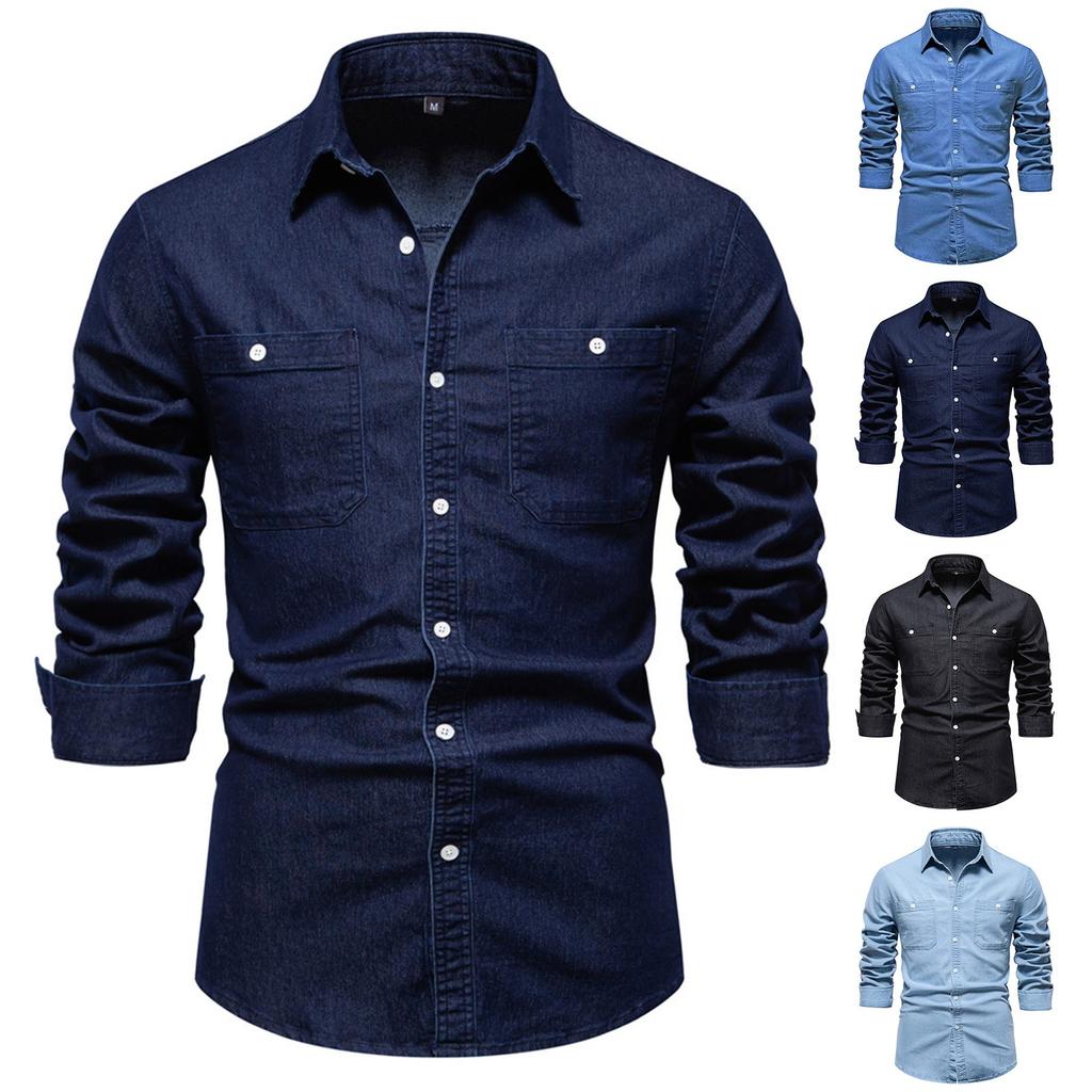 Men's Lapel Solid Color Button Denim Shirt Men's Casual Pocket Long Sleeve Washed Shirt
