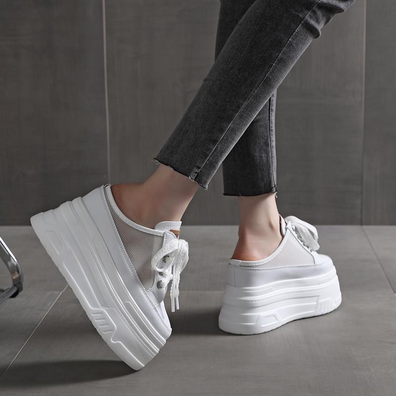 Мода 12 см Лаковая ткань Платформа Клин Удобные Высокий Бренд Дышащие Летние Бао Носок Женские Шлепанцы Массивные Кроссовки Повседневная Обувь