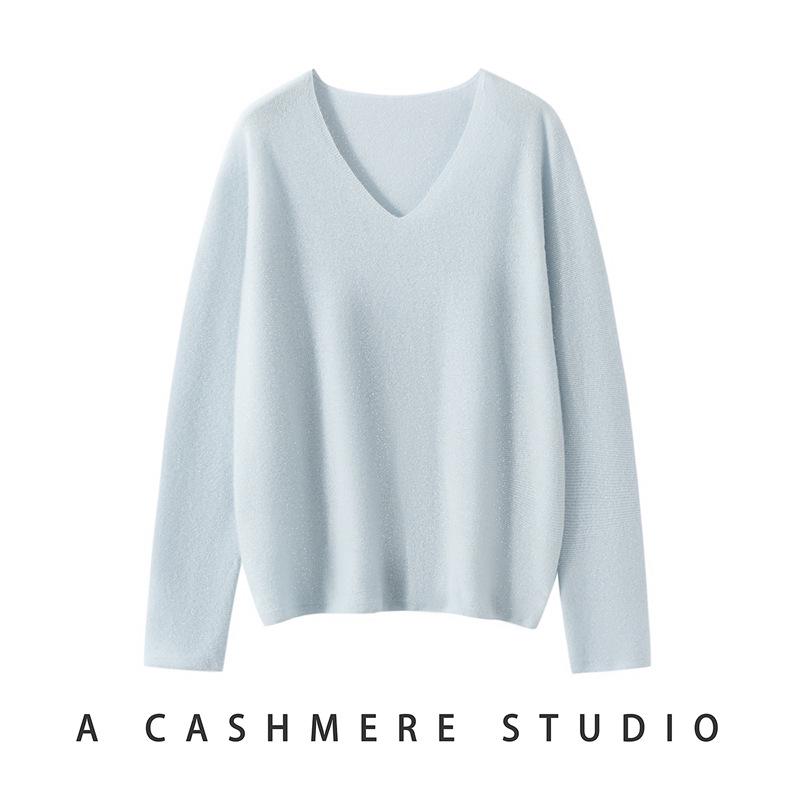 Women's Soft 100% Cashmere V-Neck Sweater - Loose Fit, Long Sleeve, Solid Color Knitwear for Autumn and Winter