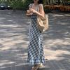 Summer Square Neck High Waist Sleeveless Skirt Plaid Long Sling Dress Beach Vacation Casual Dresses