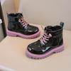 Girls' Patent Leather Ankle Boots - Autumn/Winter Plus Velvet, Zipper Design, Sequin Accents, Suitable for Middle To Big Kids and Babies
