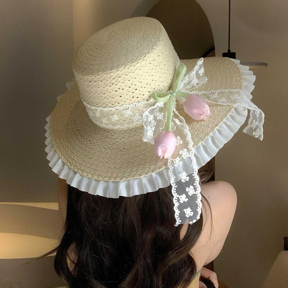 Korean Style Lace Tulip Sun Hat Wide Brim Bow Sunscreen Hat Simple Straw Woven Hat Beach