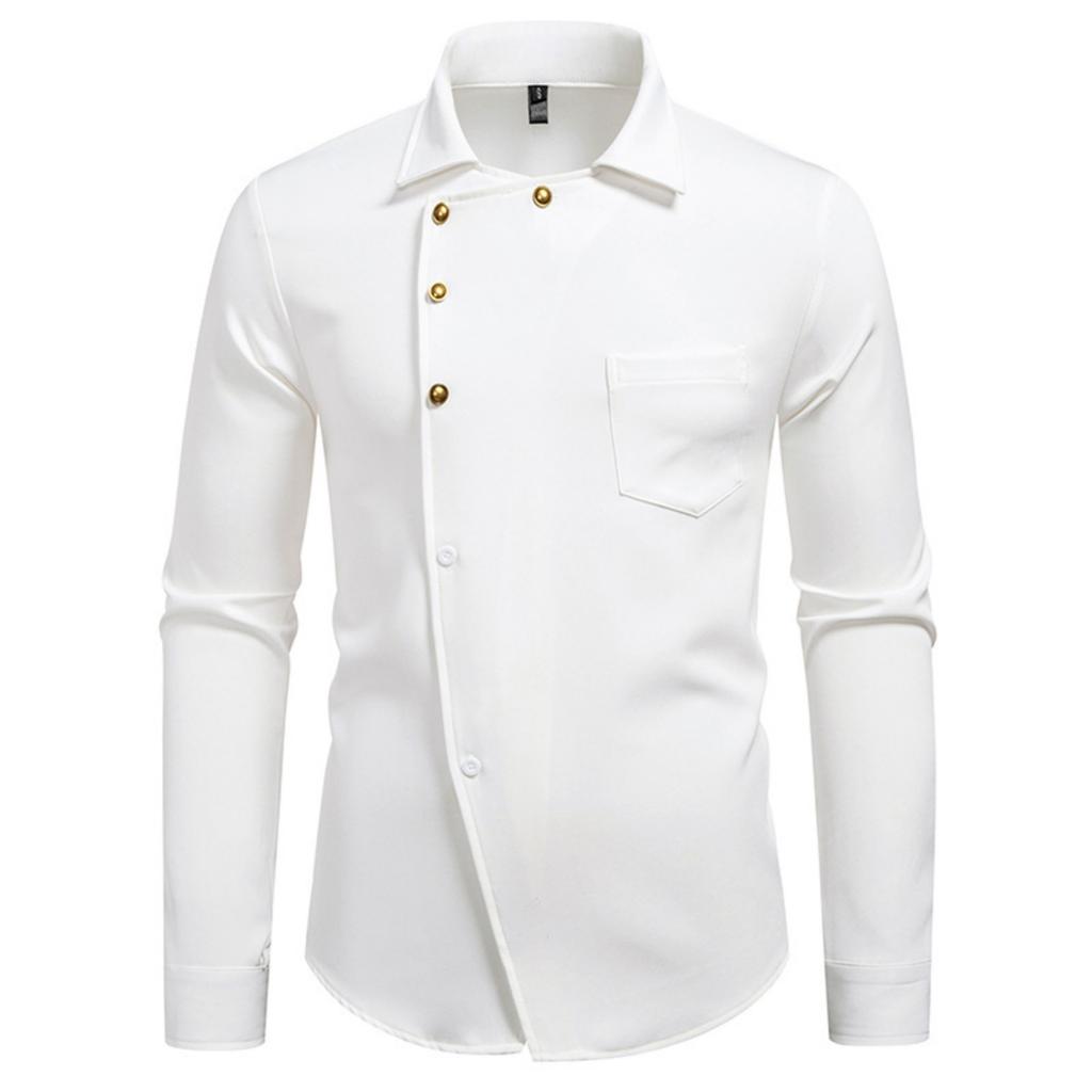 Men's Casual Solid-color Long-sleeved Shirt, Men's Slanted Button Slim Lapel Shirt