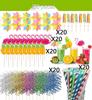 Hawaiian Party Set: 100PCS Colorful Paper Straws, Umbrella Picks, Fruit Picks, Honeycomb Pineapples, Flamingos, Firework Picks