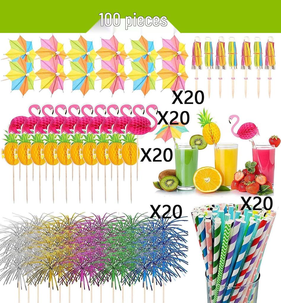 Hawaiian Party Set: 100PCS Colorful Paper Straws, Umbrella Picks, Fruit Picks, Honeycomb Pineapples, Flamingos, Firework Picks