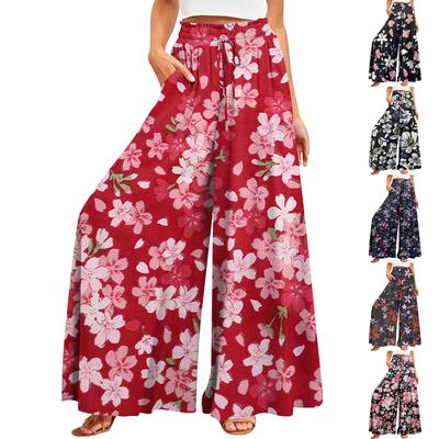 Женские летние широкие брюки с высокой талией и струящимися карманами, модные повседневные повседневные пляжные брюки в богемном стиле с принтом