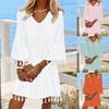 Women's Fashion Solid Colour V-Neck Mid Sleeve Loose Casual Tassel Dresses