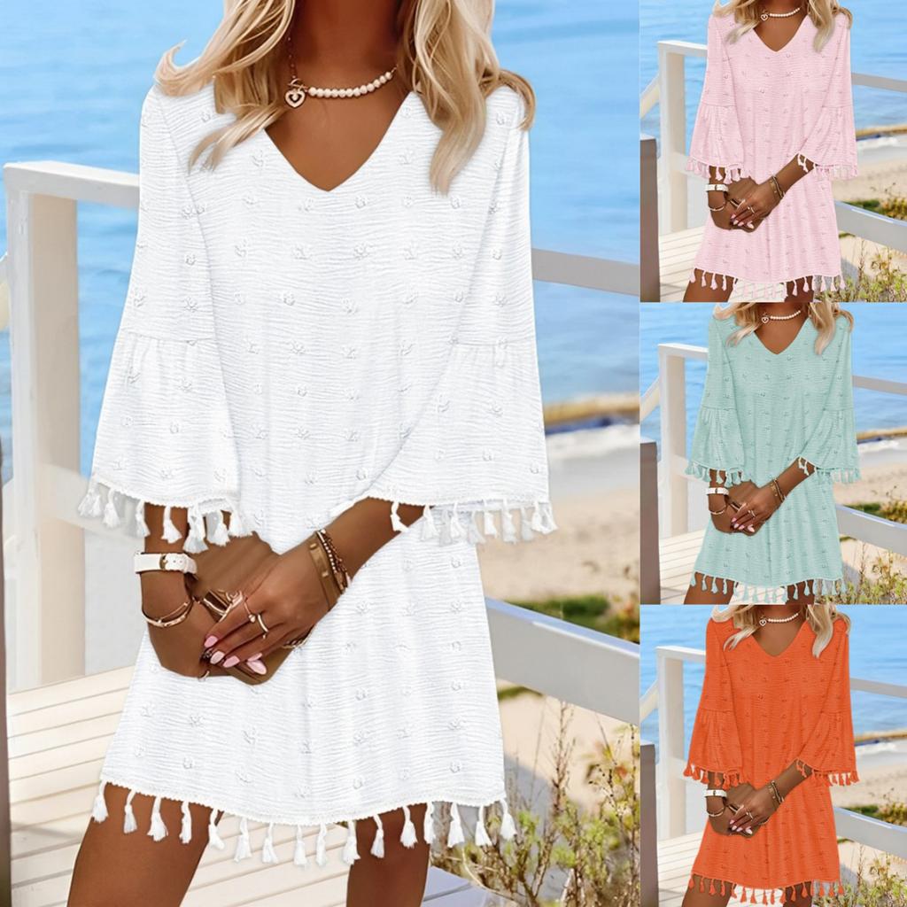 Women's Fashion Solid Colour V-Neck Mid Sleeve Loose Casual Tassel Dresses