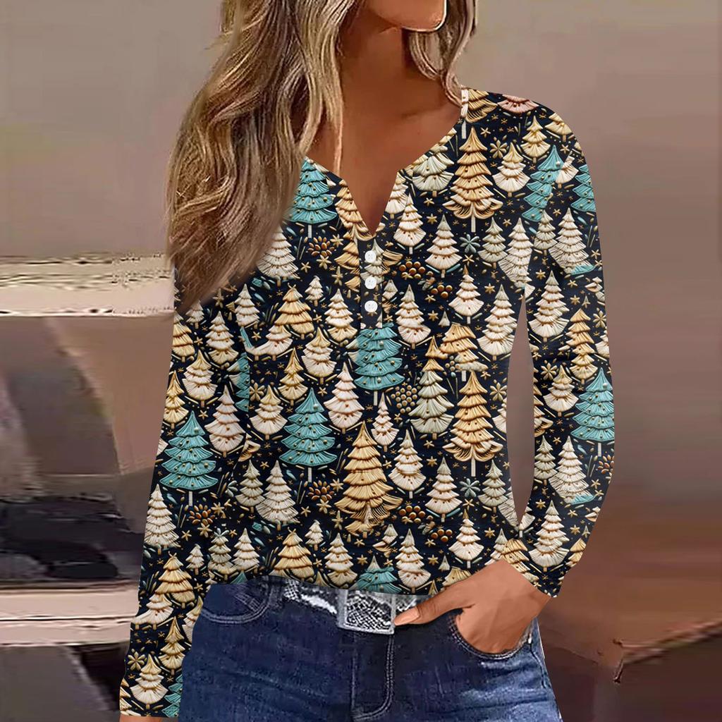 Женская модная повседневная футболка с длинным рукавом и V-образным вырезом на рождественском принте на пуговицах