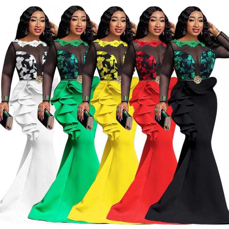Elegant Plus Size Lace Trim Mesh Sheer Ruffle Maxi Dress Women 2025 Office Chic Long Sleeve Round Neck