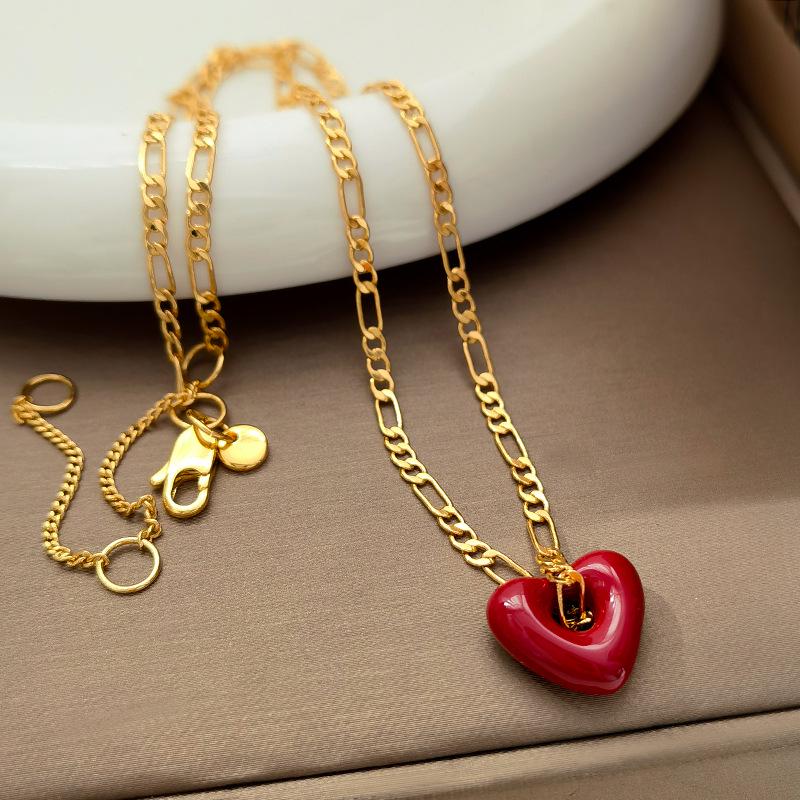 High-Grade Wine Red Heart Necklace & Earrings - Copper Plated, Real Gold, Simple Hong Kong Style Clavicle Chain