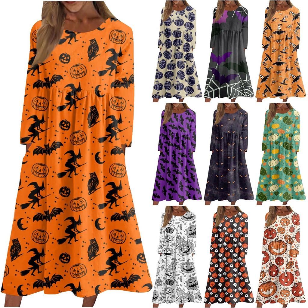 Women's Casual Crew-neck Halloween Print Mid-length Dress Long-sleeved Dress With Pocket