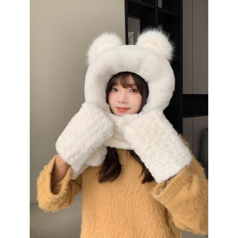 Шапка-медведь для женщин на осень и зиму Осенне-зимний плюшевый комплект из трех предметов: шапка, шарф, перчатки с завязками на шее и защитой ушей