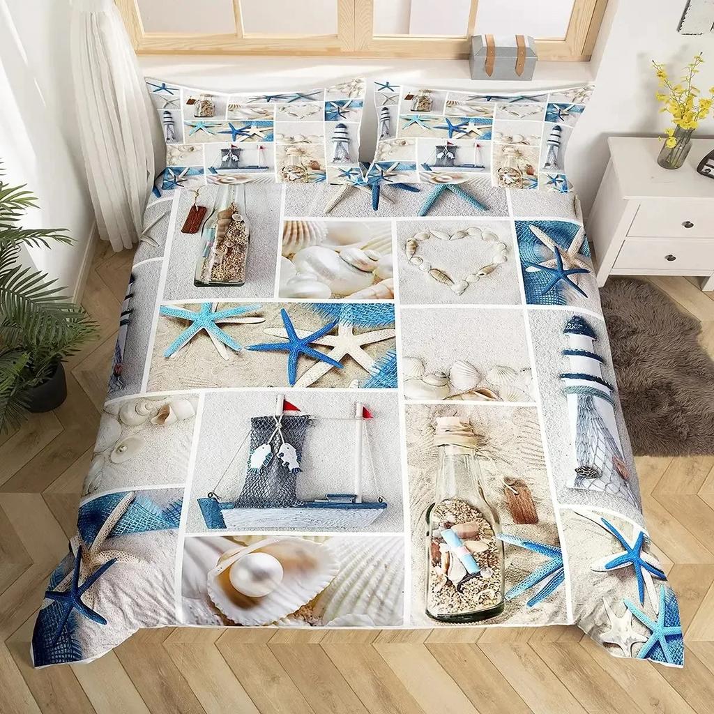 Luxury New 3D Print Beach Starfish Duvet Cover Set Queen Blue Cute Ocean Creatures Bedding Set Sea Shells Starfish Cover