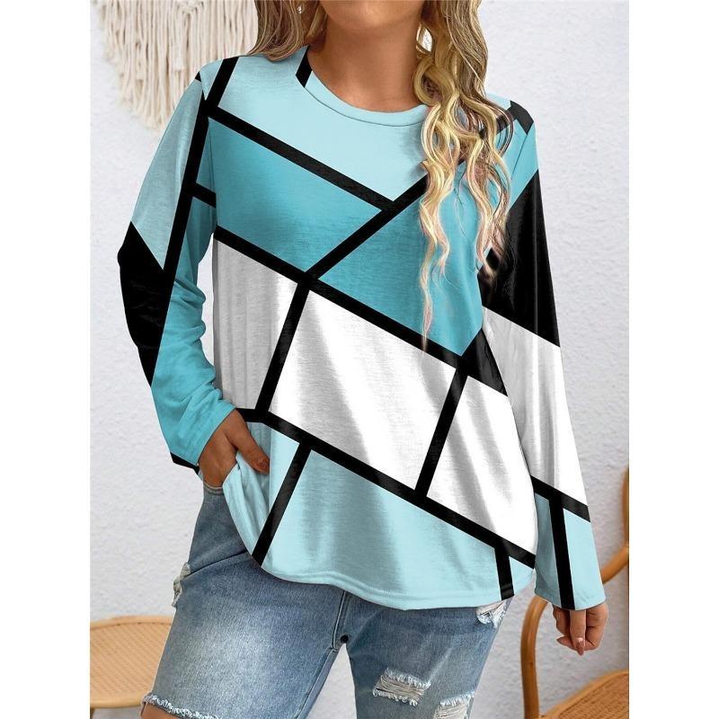 Футболки женские с длинными рукавами на осень, модные повседневные топы с принтом в градиентную полоску, для ежедневной носки, свободного кроя, с круглым вырезом