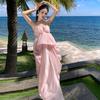 Pink French Backless Camisole Dress - Elegant Beach-Ready Evening Gown for Women