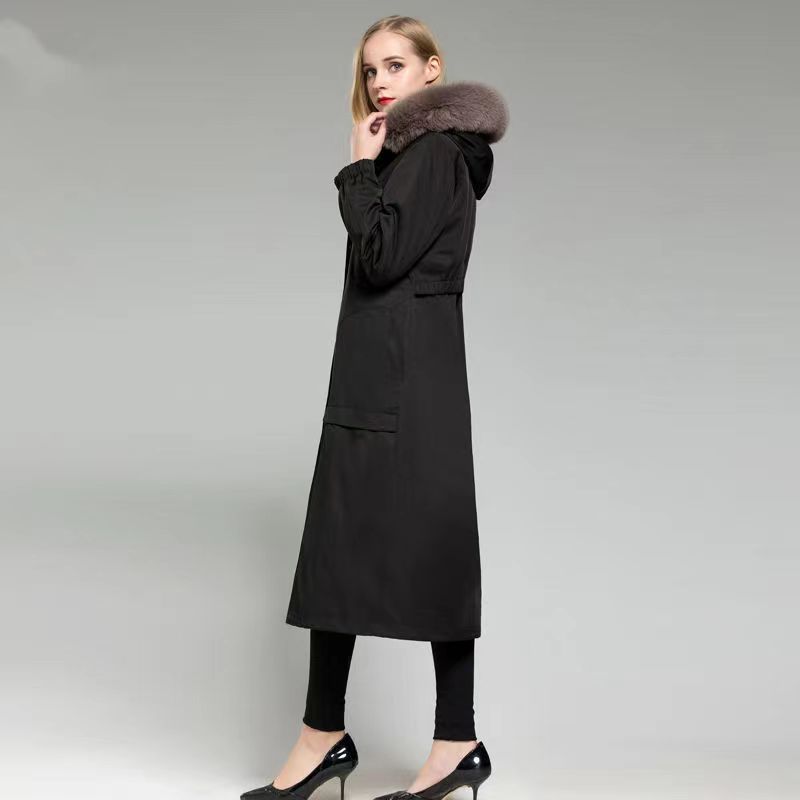 Pie Overcome Women's Knee Length Rex Rabbit Fur Liner Detachable Imitation Fox Fur Collar Lengthening and Thickening Faux Fur Coats for Women