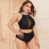 Plus Size Solid Mesh Swimsuit High Neck Halter Swimwear Women Sexy Patchwork Swimming Suit for Women Sexy Swimsuit High Waisted Bikini Two Piece