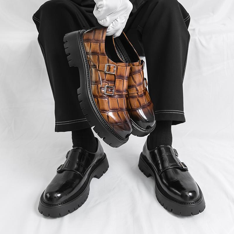 Ретро Мужские Лоферы, Увеличивающие Рост, Черно-коричневые, Повседневные, На Толстой Подошве, Нескользящие, Модные, На Пуговицах, Кожаные Туфли, Социальная Обувь, Мужские